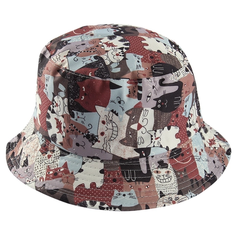 Schattige Cartoon Panda Kat Print Omkeerbare Bucket Hat Katoen Zonbescherming Vissershoed Voor Dames Heren Kinderen