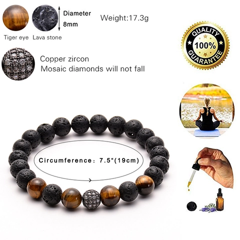 Bracciale In Pietra Lavica Naturale Con Occhio Di Tigre Sfera In Zircone Micro Pavè Diffusore Di Oli Essenziali Yoga
