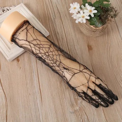 Spiderweb Lace Gloves Halloween Gothic Fingerless Long Party Cosplay Decorative Fashion Accessory Black Polyester Material
