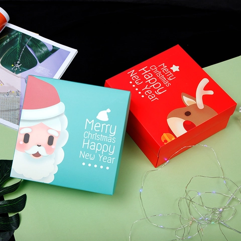 Caja De Regalo De Navidad Y Bolsa De Mano Cartón Blanco Papá Noel Reno Patrón Embalaje De Fiesta De Vacaciones Rojo Verde