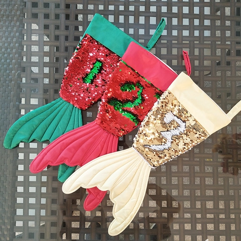 Mermaid Tail Christmas Stocking With Reversible Sequins Fabric Hanging Gift Bag For Holiday Party Decoration