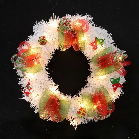 Weißer Weihnachts-Netzkranz Mit LED-Lichtern PVC Rot Grüne Schleifen Hängende Ornamente Für Die Haustür Feiertagsdekoration