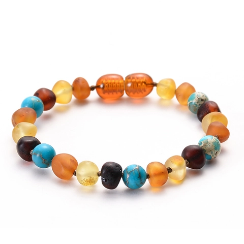 Natural Baltic Amber Teething Bracelet Handcrafted Multi Color Turquoise Malachite Beads For Baby Toddlers