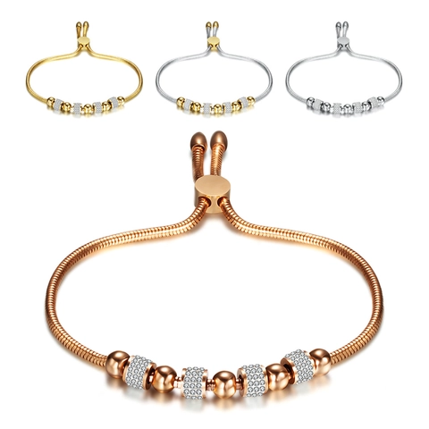 Pulsera Ajustable Acero Inoxidable 304 Cuentas Diamantes De Imitación Cadena Serpiente Joyería De Moda Para Mujeres