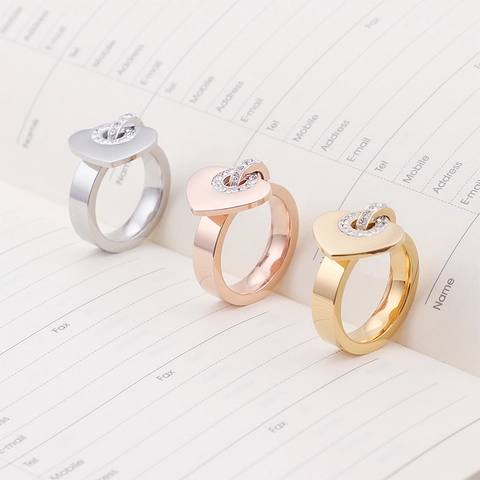 Dangle Heart Ring Stainless Steel 18K Gold Plated Cubic Zirconia Fashion Trendy Finger Jewelry For Women Style