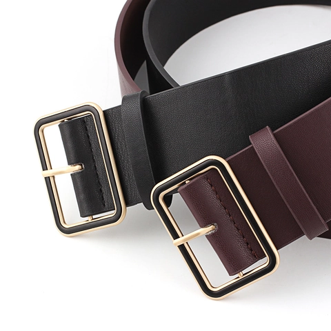 Women Fashion Wide Faux Leather Belt With Square Alloy Buckle Retro Chic Waist Belt For Dresses Down Jacket Minimalist Belt