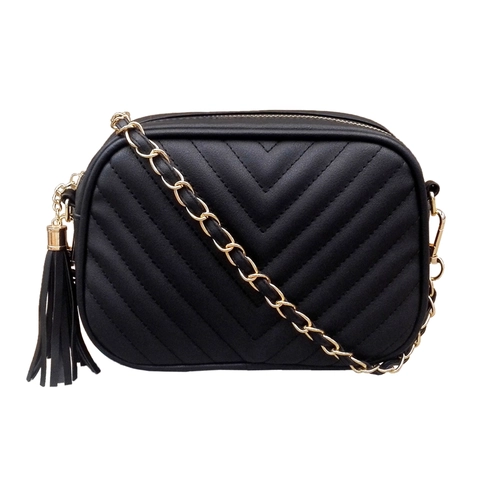 Women Chevron Quilted PU Leather Crossbody Camera Bag With Tassel Gold Chain Strap Fashionable Shoulder Purse