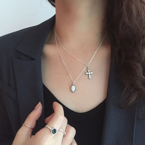 Minimalist 925 Sterling Silver Clavicle Chain Necklace Vintage Geometric Heart Cross Pendant Jewelry For Women