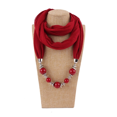 Women Ethnic Style Beaded Scarf Necklace Solid Color Polyester Scarf With Large Beads Alloy Rings Fashion Decorative Neck Warmer Scarf Jewelry Gift