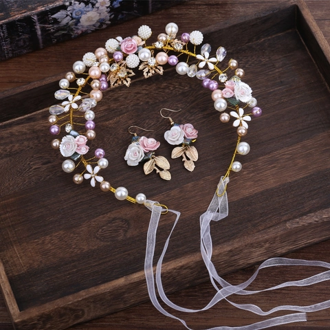 Fascia E Orecchini Da Sposa Fatti A Mano Fiore In Ceramica Perla Artificial Cristallo Floreale Gioielli Da Sposa Per Donne Sposa