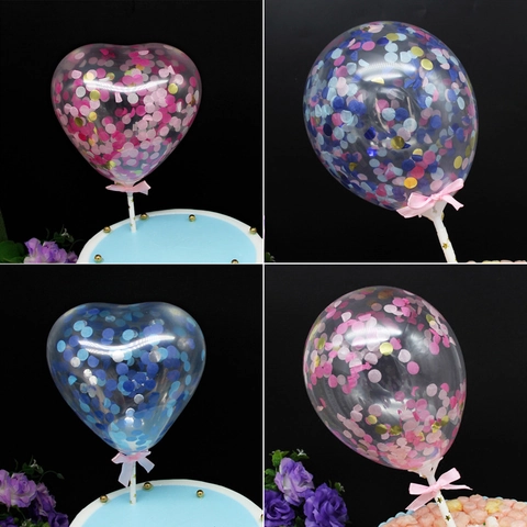 Confetti Balloon Cake Topper Transparent Latex Sequins For Birthday Wedding Party Ins Style With Bow Ribbon Star Stick