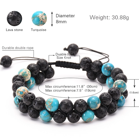 Natural Turquoise And Lava Stone Beaded Bracelet Double Row Essential Oil Diffuser Handmade Woven Adjustable Unisex