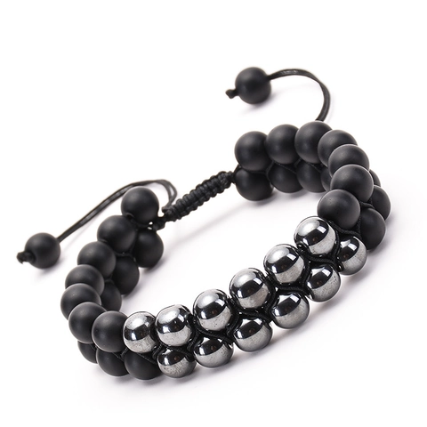 Double Row Natural Matte Stone And Hematite Beaded Bracelet Adjustable Hand Woven Trendy Jewelry For Men Women