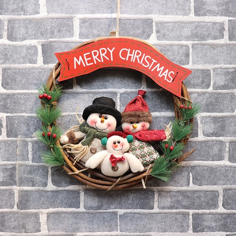 Corona Di Natale Vimini Pendente Porta Con Babbo Natale Pupazzo Di Neve Renna Peluche Decorazione Rustica Festiva