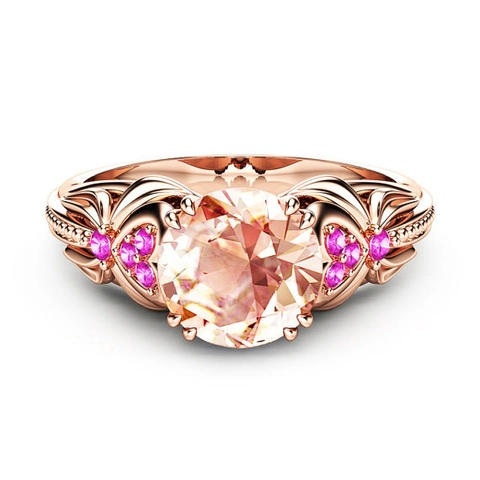 Rose Gold Plated Copper Ring Champagne Pink Cubic Zirconia Heart Butterfly Vintage Style Fashion Women Jewelry Elegant
