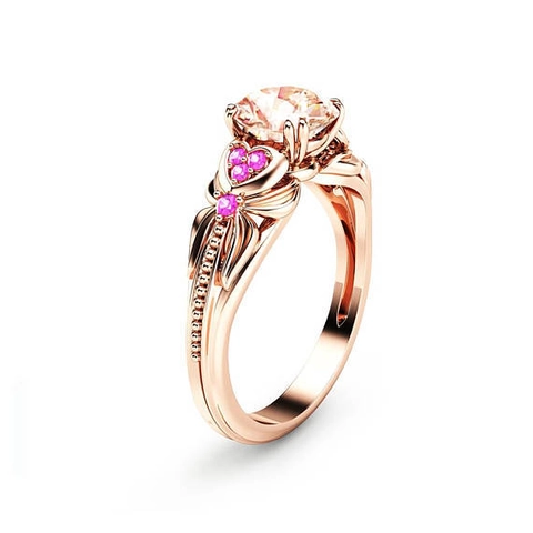 Rose Gold Plated Copper Ring Champagne Pink Cubic Zirconia Heart Butterfly Vintage Style Fashion Women Jewelry Elegant