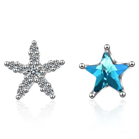 Asymmetric Star Stud Earrings Blue Crystal White Rhinestone Platinum Plated Copper Jewelry For Women Starry Style