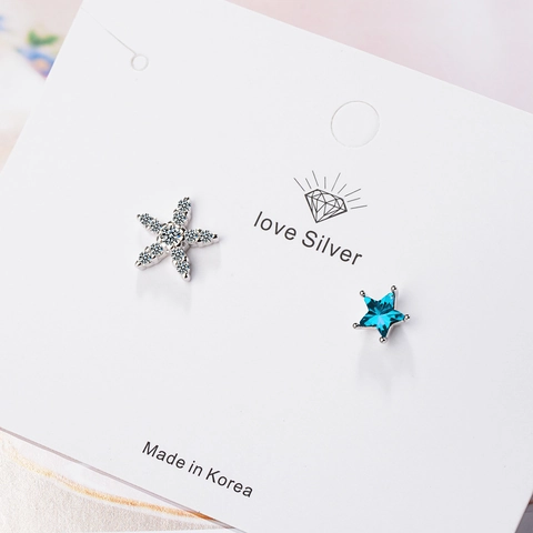 Asymmetric Star Stud Earrings Blue Crystal White Rhinestone Platinum Plated Copper Jewelry For Women Starry Style