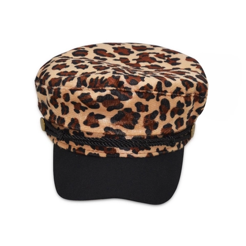 Vintage Leopard Print Baker Boy Hat For Women Wool Flat Top Military Cap With Braid Cord Gold Button Fashion Accessory