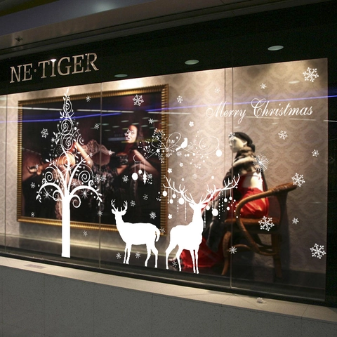 Christmas Tree Reindeer Snowflake Wall Stickers Removable PVC Window Decals Festive Glass Door Holiday Home Decor Colorful Ornaments