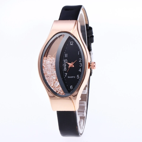 Women Quartz Watch Fashion Alloy Rose Gold Leaf Shape Case Moving Rhinestones Faux Leather Strap Casual Wristwatch