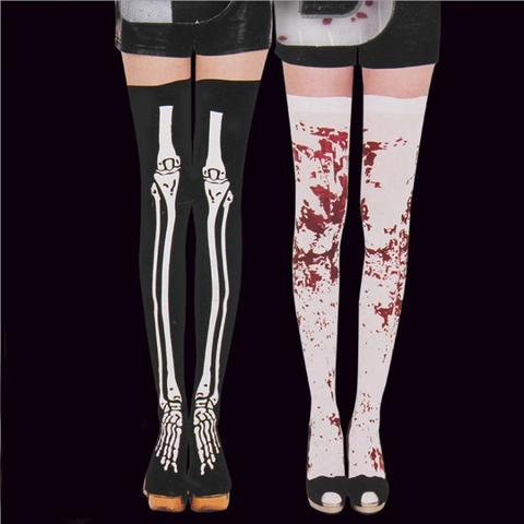 Halloween Over The Knee Long Socks Skeleton Bone Blood Splatter Printed Elastic Knit Stockings For Cosplay Party