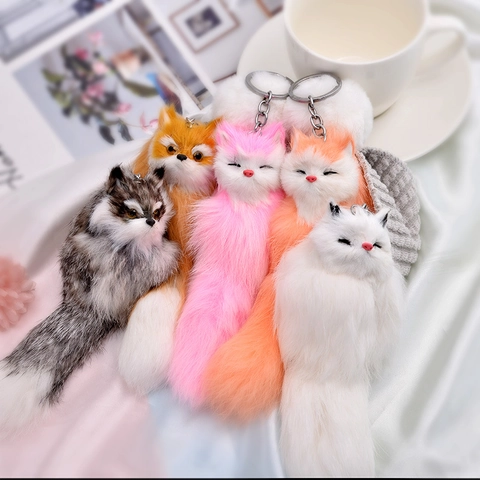 Cute Plush Fox Cat Keychain Faux Fur Long Tail Soft Animal Pendant For Handbag Car Accessories Sleepy Eyes Kawaii Ornament