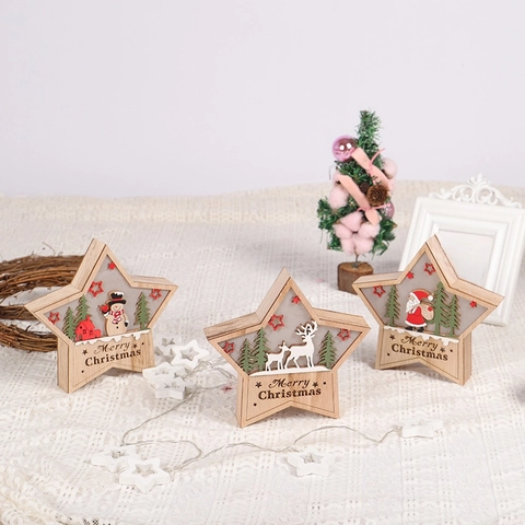 Decorazione Natalizia In Legno Con Luci LED Ornamento Da Tavolo Intagliato Babbo Natale Renna Pupazzo Di Neve Stella Forma Quadrata