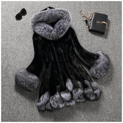 Women Faux Fur Coat Hooded Mid-length Contrast Color Thick Warm Winter Outerwear Elegant