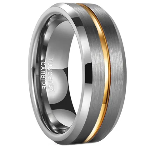 Anello In Carburo Di Tungsteno Da Uomo Argento Spazzolato Scanalatura Dorata Gioielli Fede Semplice Moda