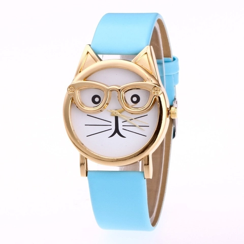 Cute Cartoon Cat Face Quartz Watch With Golden Glasses Alloy Case PU Leather Strap Fashion Analog Wristwatch For Women
