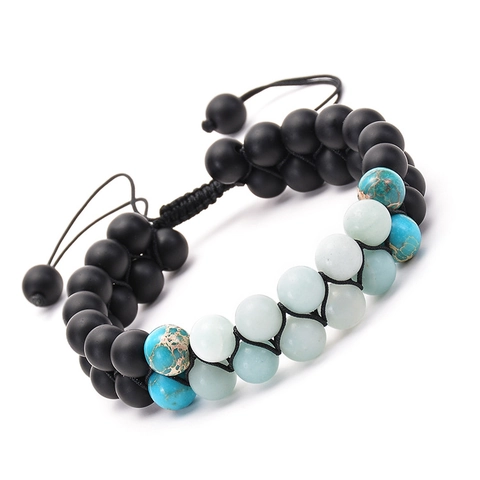Double Row Hand Woven Amazonite Matte Agate Gemstone Bracelet Adjustable Braided Rope Jewelry