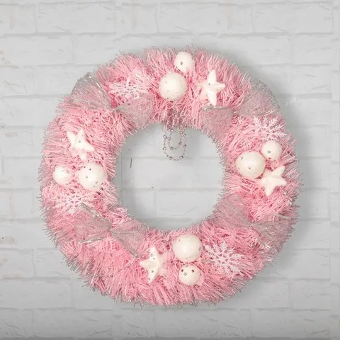 Corona De Navidad Rosa Guirnalda Con Cadena De Cuentas Plateadas Lazos Estrellas De Espuma Copos De Nieve PVC Para Decoración De Fiesta