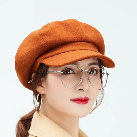 Retro Newsboy Cap For Women Solid Color Woolen Octagonal Hat Short Brim British Style Autumn Winter Warm Beret