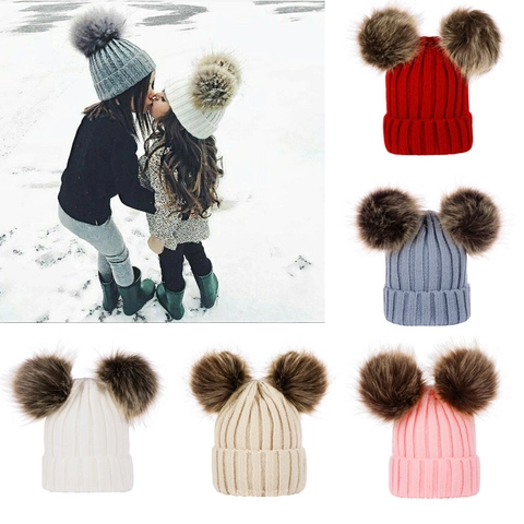 Baby Beanie Hat Double Faux Fur Pom Poms Acrylic Knit Winter Warm Ear Protection Ribbed Infant Toddler Cold Weather