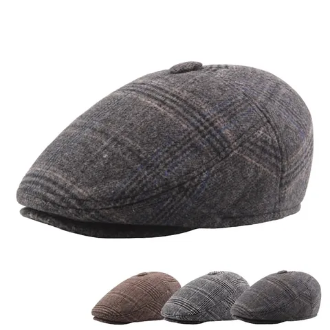 Gorra Plana Vintage A Cuadros Para Hombre De Lana Gruesa Cálida Para Invierno Sombrero Con Protección Para Orejas Ajustable
