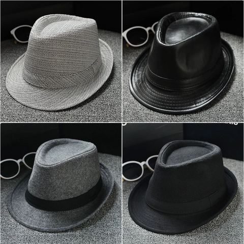 Classic British Style PU Leather Fedora Hat For Men Women Solid Color Wide Brim Jazz Hat Sun Protection Retro Panama Cap