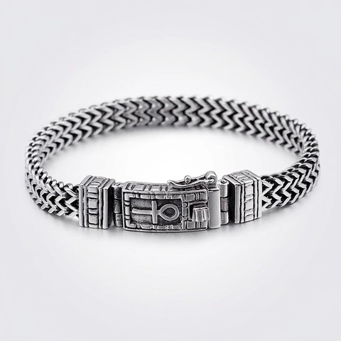 Pulsera Para Hombre De Acero De Titanio Cadena Tejida De Doble Fila Cierre De Cruz Ankh Joyería Punk