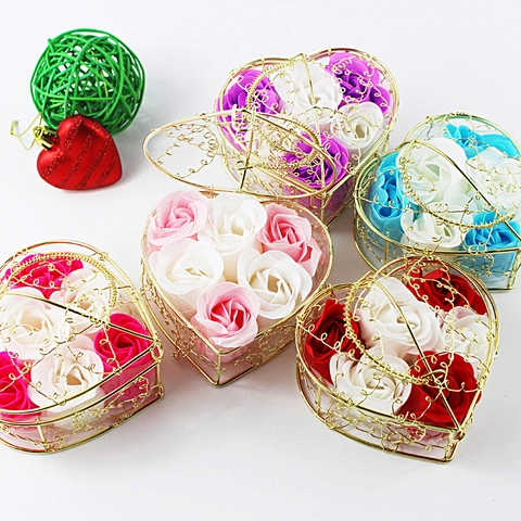 Heart Metal Basket Soap Flower Roses Gift Box For Valentine Day Mother Day Wedding Birthday Decoration Romantic Ornament