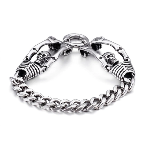 Men Skull Chain Bracelet 316L Stainless Steel Punk Gothic Curb Link Vintage Steel Color Jewelry