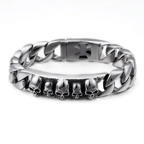 Bracciale Teschio Uomo Acciaio Inossidabile 316L Punk Gotico Maglia Cubana Gioielli Biker Stile Rock Argento