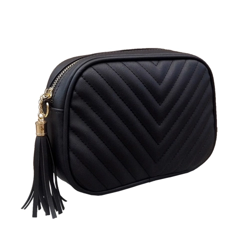 Women Chevron Quilted PU Leather Crossbody Camera Bag With Tassel Gold Chain Strap Fashionable Shoulder Purse