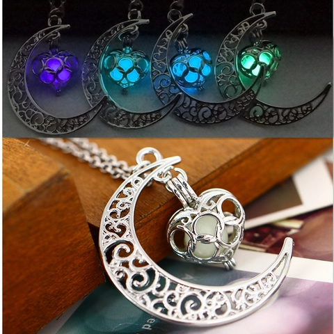 Collar Con Colgante De Luna Hueca Corazón Luminoso Aleación Cadena Acero Inoxidable Brilla En La Oscuridad Para Mujeres