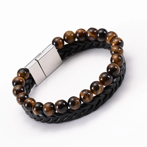 Bracciale Doppio Strato Da Uomo Pietra Naturale Pelle Intrecciata Chiusura Magnetica In Acciaio Inossidabile