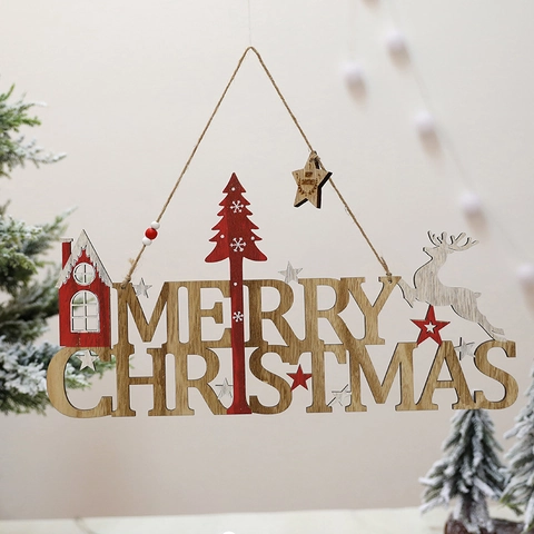 Vrolijk Kerstfeest Houten Hangend Ornament Holle Letters Houten Bord Met Glinsterende Sterren Rendier Huis Boom Ontwerp