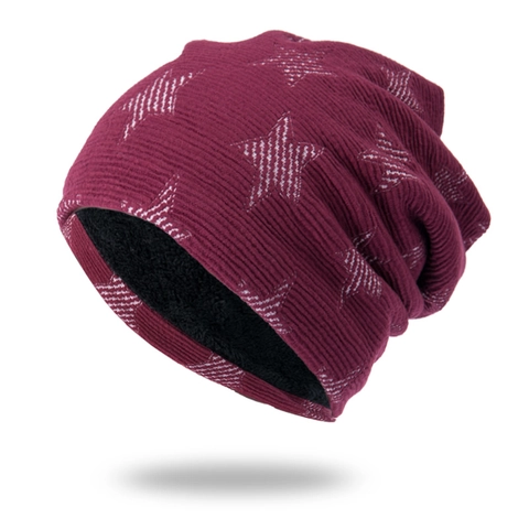 Slouchy Beanie Hat Knitted Fleece Lined Warm Winter Star Pattern Acrylic Pullover Cap Unisex
