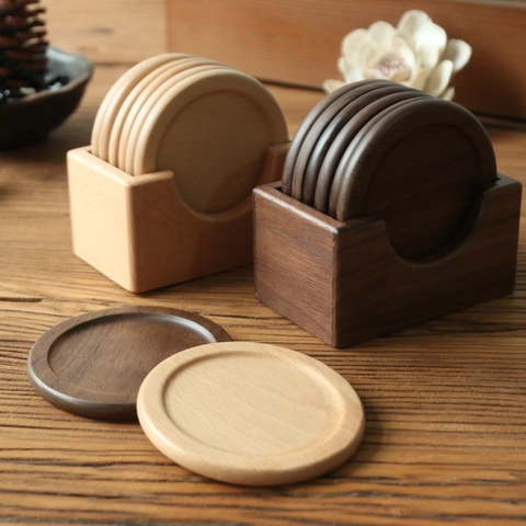 Set Sottobicchieri Rotondi In Legno Con Supporto Noce Nero E Faggio Tappetino Da Tavolo Resistente Al Calore Grana Naturale