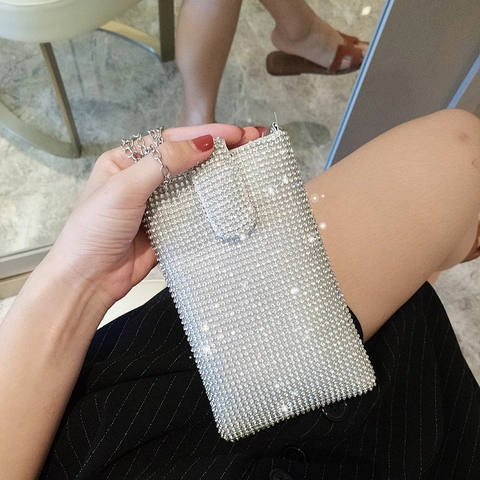 Borsa Porta Cellulare In Strass Scintillante Da Donna Piccola Borsa A Tracolla Con Catena In Metallo Argentato Per Serata