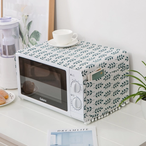 Japanese Style Microwave Oven Dust Cover Linen Cotton Fabric Protector With Side Pockets And Tassel Fringe Floral Print Kitchen Appliance Cover