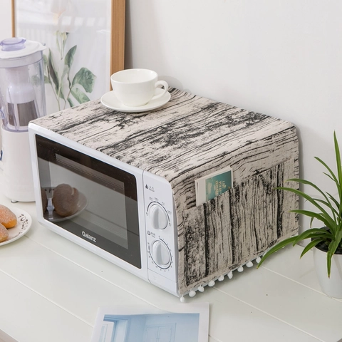 Copertura Antipolvere per Microonde Retro a Venatura del Legno in Finto Cotone e Lino Con Pompon e Tasche Portaoggetti Decorazione Casa